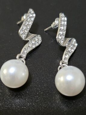 Silver Pearl Drop Earrings with Sparkling Accents